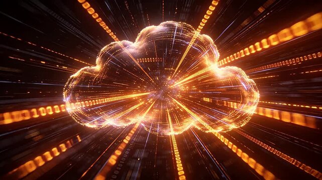 Glowing digital cloud with binary code and light streams in futuristic space