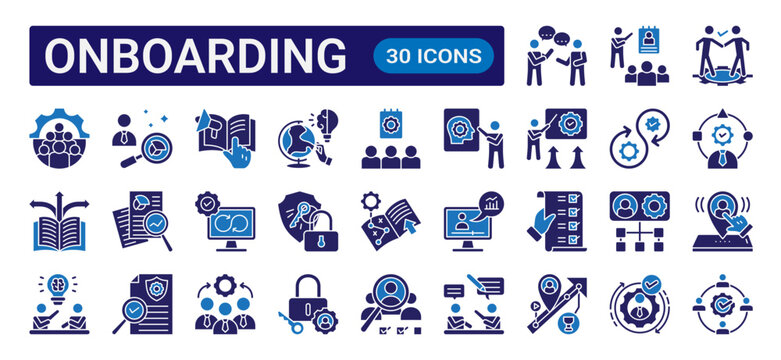 Onboarding glyph icon set with dual color style featuring employee training, orientation, teamwork, recruitment, learning, workflow, and business onboarding concepts