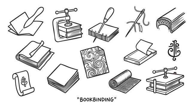 Bookbinding tools and supplies including needle thread press paper and book art elements.