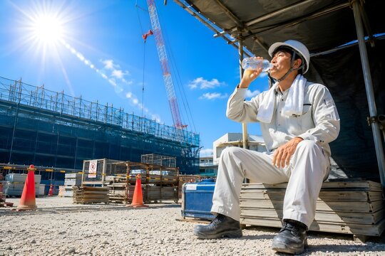 夏の強い日差しの中、休憩中に建設作業員の日本人男性がペットボトルの水を飲む熱中症対策イメージ（AI生成）