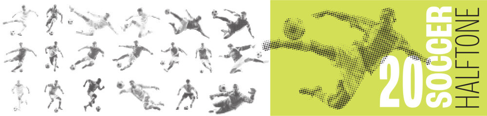 Abstract soccer player silhouette with halftone grunge effect texture for competition and sports marketing visuals