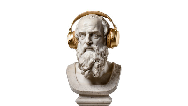 Isolated classical marble bust of an ancient philosopher wearing modern golden headphones.