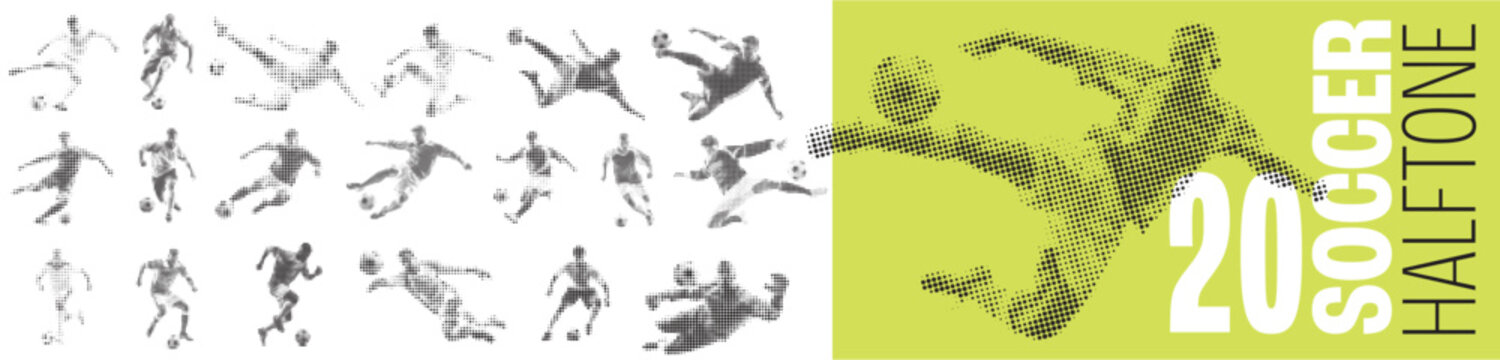 Abstract soccer player silhouette with halftone grunge effect texture for competition and sports marketing visuals