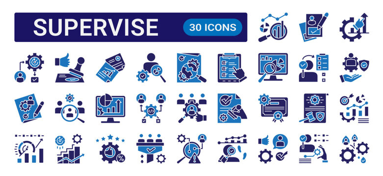 Supervise glyph icon set with dual color style featuring monitoring, management, leadership, teamwork, productivity, reporting, and business supervision concepts