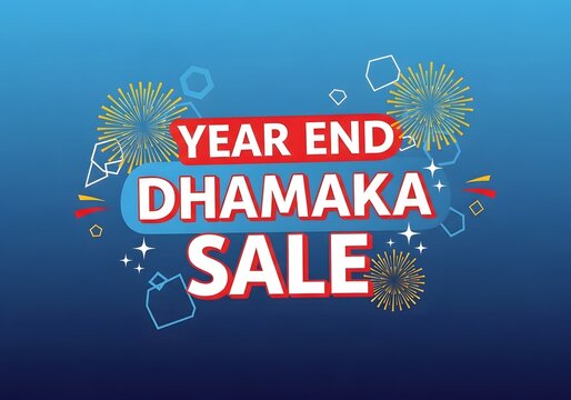 Year end sale banner with fireworks and geometric shapes