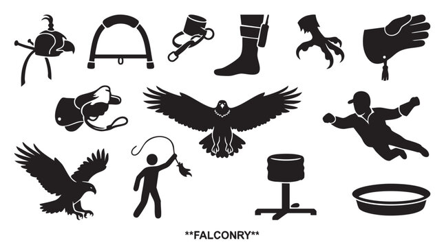 Falconry equipment and birds of prey icons set for hunting and sport.