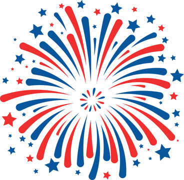 Patriotic 4th of July Fireworks Burst Vector Illustration with Red Blue Stars Isolated on White Background