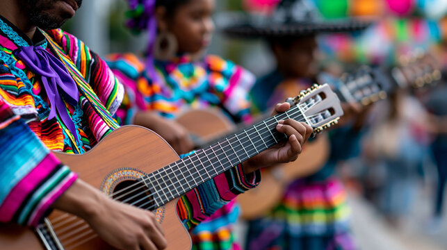 Musicians in vibrant traditional costumes performing at a Mexican-style street festival with dancing and colorful decorations, cultural celebration concept, defocused background,