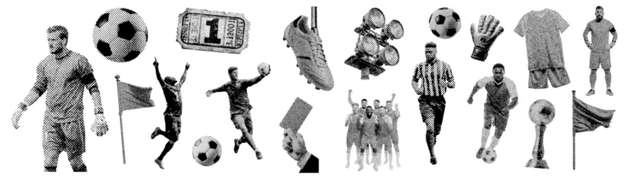 Soccer football grunge halftone design elements collection with players, ball, trophy, referee card for sports advertising