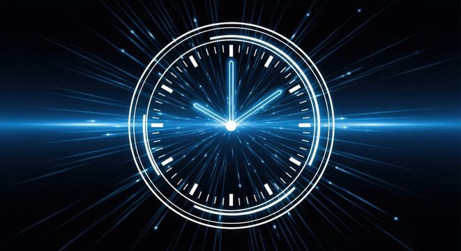A futuristic glowing clock face design with vibrant blue light lens flares