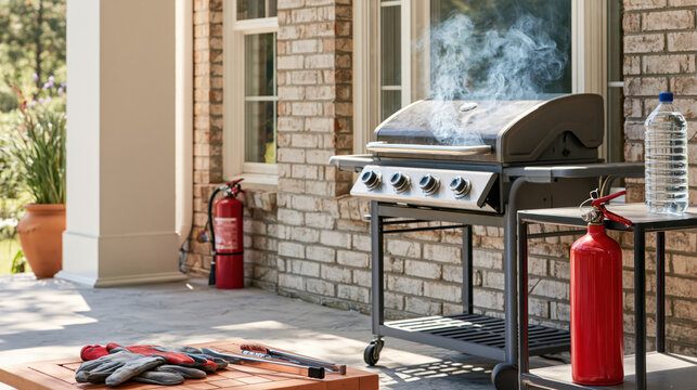 Clean backyard patio with gas grill, smoke rising and fire extinguishers for outdoor cooking safety