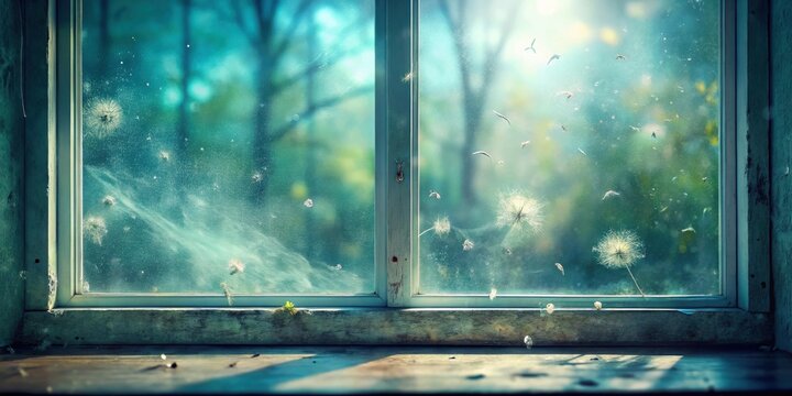 A sunlit windowpane, speckled with dust and adorned with delicate dandelion seeds floating on a gentle breeze, creating a serene and ephemeral scene of nature's fleeting beauty.
