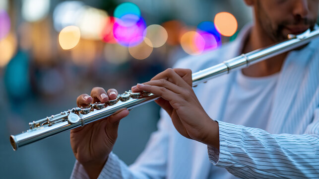 Musician playing flute on a city street with vibrant lights at night, urban busking culture, street performance atmosphere, defocused background, with copy space