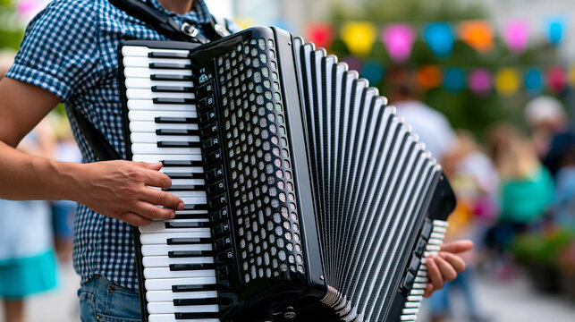 Musician playing accordion on the street during a local summer festival celebration, crowd and flags in the background, community event concept, defocused background, with copy