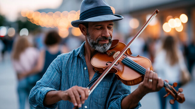 Street musician playing violin focused on performance in a lively city crowd during the evening, busking culture, urban live music, defocused background, with copy space