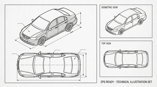 Detailed technical drawing of a car.