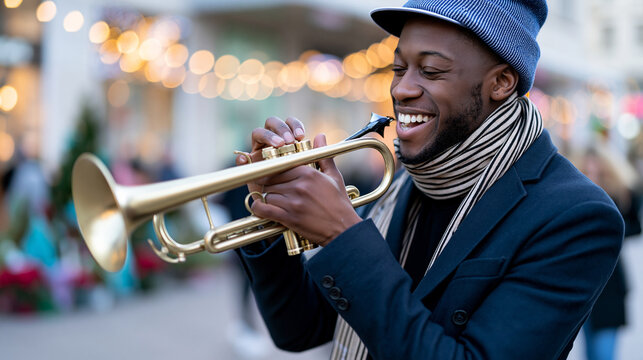 Amidst a bustling city adorned with festive Christmas lights a street musician plays joyfully, holiday season urban music, warm light atmosphere, defocused background, with copy