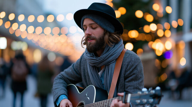 Amidst a bustling city adorned with festive Christmas lights a street musician plays joyfully, holiday season urban music, warm light atmosphere, defocused background, with copy