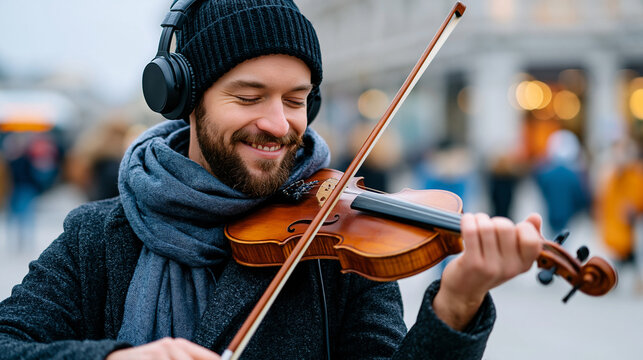 Happy musician playing violin in a busy city street during winter, cold weather busking, urban music lifestyle, defocused background, with copy space