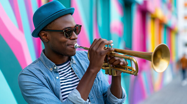 Man playing a trumpet against a vibrantly painted building, lively and artistic street scene, urban music culture, defocused background, with copy space