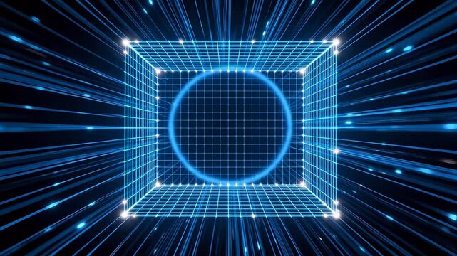 Glowing blue cube grid structure with radiating light points in a dark virtual space