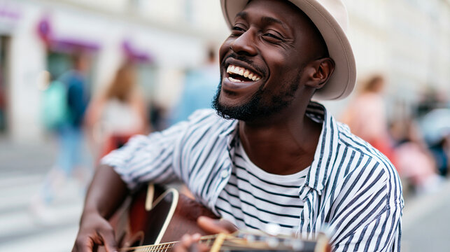 Smiling musician playing guitar on a city street, joyful street performance, urban busking culture, defocused background, with copy space