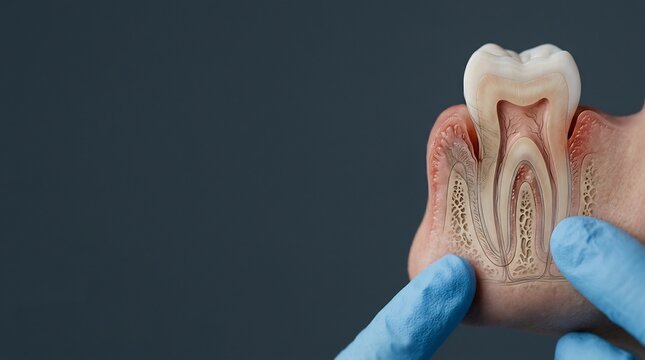 Anatomical cross section of a human molar tooth with periodontal pocket and inflamed gums held by gloved hands