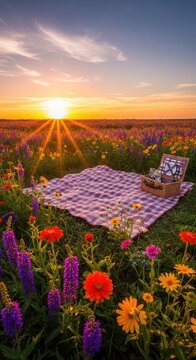 Sunset Picnic in a Field of Flowers.