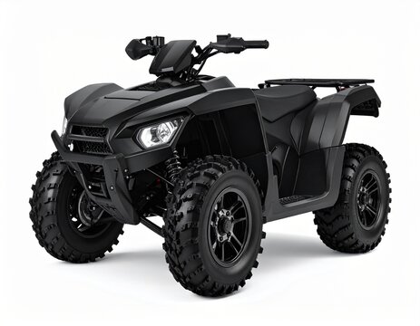 Modern black ATV quad bike isolated on white background with sporty off-road automotive design.