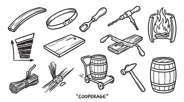 Cooperage barrel making tools and workshop elements doodle icons.