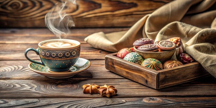 Aromatic coffee with latte art in an ornate cup, accompanied by an assortment of decorated pastries and eggs in a rustic wooden box, resting on a weathered wood surface.