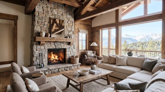 Panning tracking slow motion dolly shot of living room with roaring fireplace and panoramic mountain view through large windows in rustic cabin interior