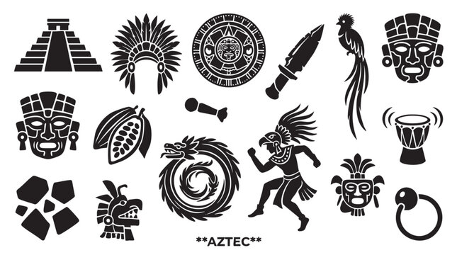Aztec civilization cultural symbols set featuring ancient temple masks and traditional icons.