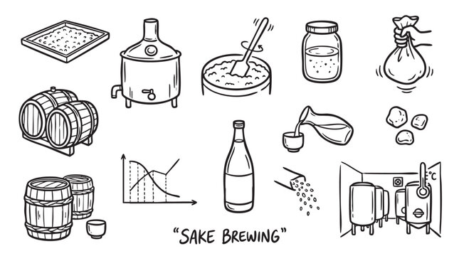 Japanese sake brewing process and production equipment vector icons set.