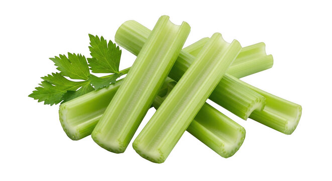 Fresh green celery stalks and leaves piled together, isolated on a solid black background, for food