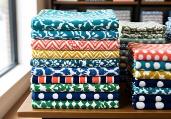Naklejka premium Stack of Colorful Geometric Patterned Textiles on a Wooden Table