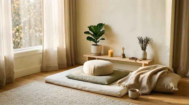 Serene Meditation Corner Set Up with Futon Mattress, Zafu Cushion, Soft Blanket, Hot Tea, Burning Candle, Singing Bell, and Lavender Vase in Sunlit Room for Mindfulness Practice
