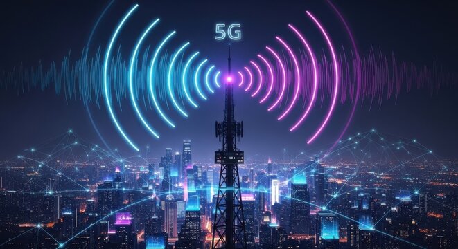 A 5g network tower radiating digital signal waves over a glowing smart city