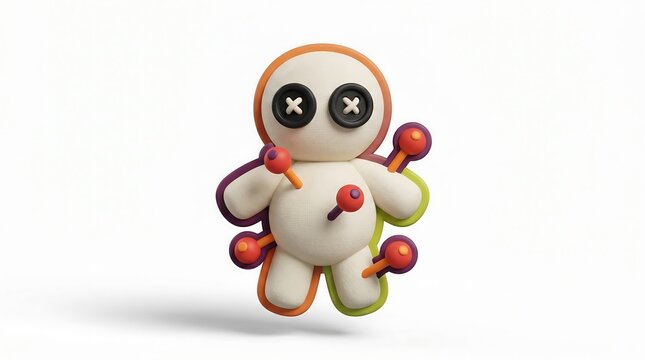 3D stylized fabric voodoo doll with black button eyes and colorful pins isolated on white background