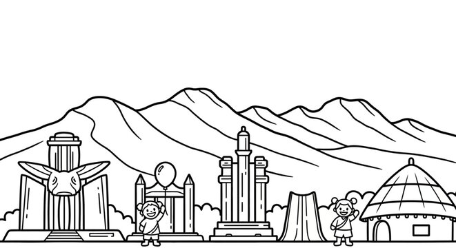 Diverse architectural cityscape with mountainous backdrop illustration.