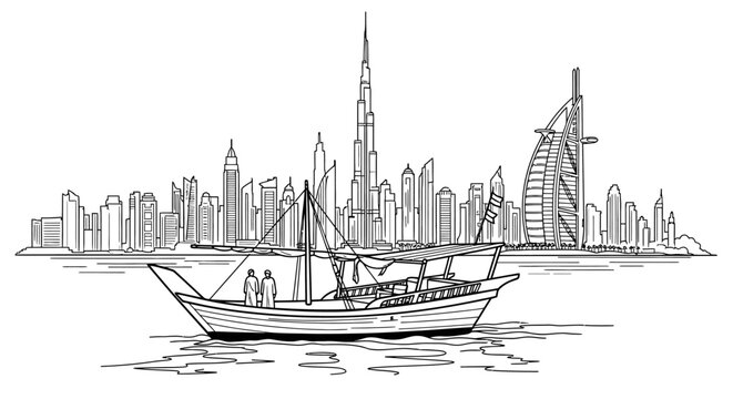 Traditional Dhow Boat with Modern City Skyline Illustration.
