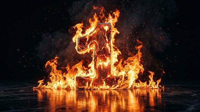 Number 1 (one) fire in the dark background