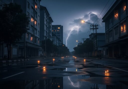 Dramatic Lightning Strike Over A Dark Rainy City Street At Night