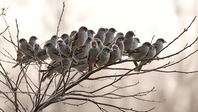 Flock of sparrows chattering on bare tree branches in soft morning light.