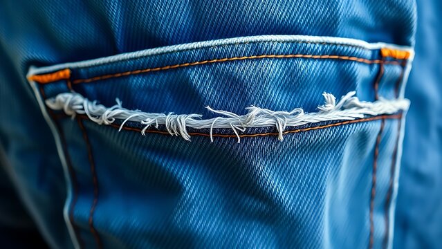Worn and frayed edge of denim jeans pocket, macro detail of texture.