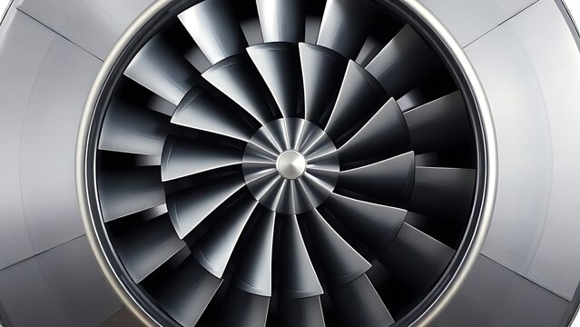 Cross-section of metallic turbofan engine with silver fan blades in a ring, polished surface.