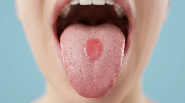 Close-up of a human tongue with a red inflamed patch in an open mouth for medical illustration