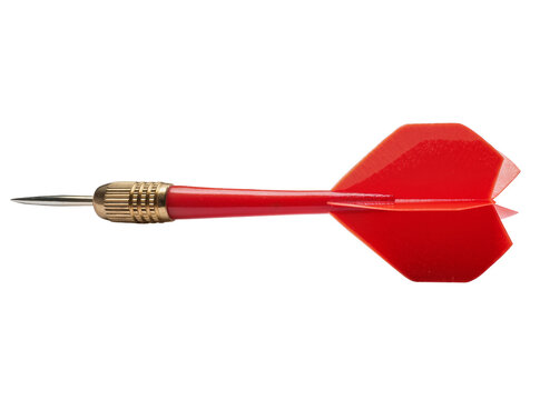 Isolated red dart with a golden tip and plastic flights, classic game equipment for throwing
