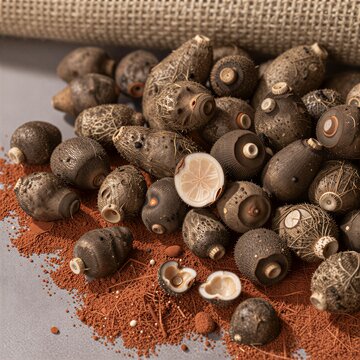 dried tubers and groundnuts on a rustic surface