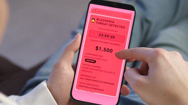 Person holding smartphone with terrifying blackmail threat detected. Red alert UI showing ransom demand and countdown. High-impact footage for cybersecurity, privacy, and digital crime storytelling.